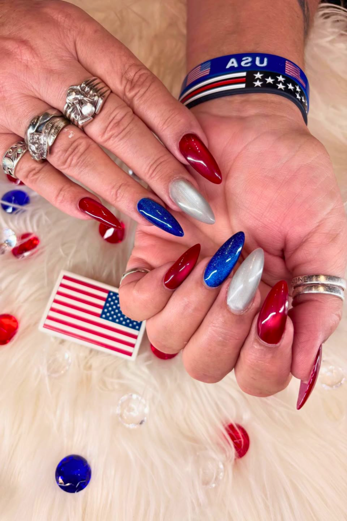 Cat-eye patriotic nails with reflective summer nail shimmer