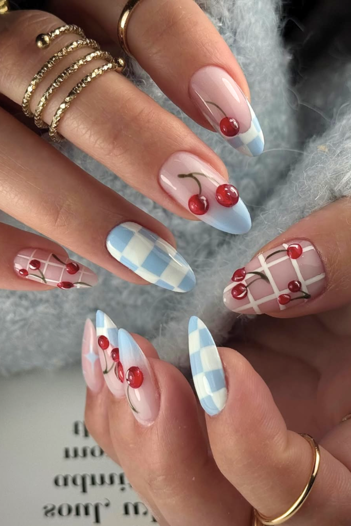 Cherry picnic nails with gingham summer manicure accents