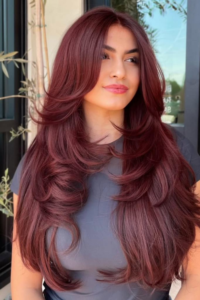 Cherry red gloss hair color with vibrant shine