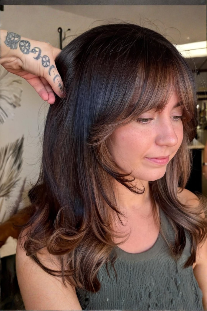 Cinnamon brunette underlights with soft waves
