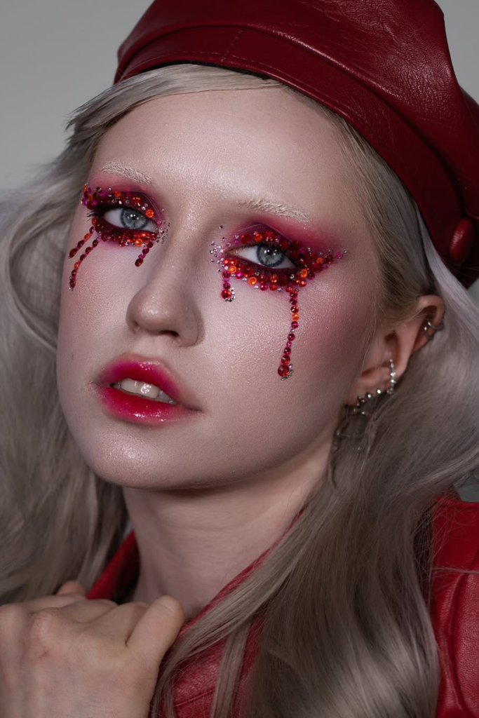 Crystal tear makeup with glossy skin and shimmer eyes
