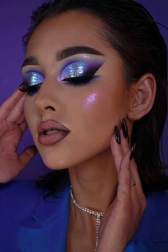 Cyber goddess makeup with chrome liner and futuristic glam