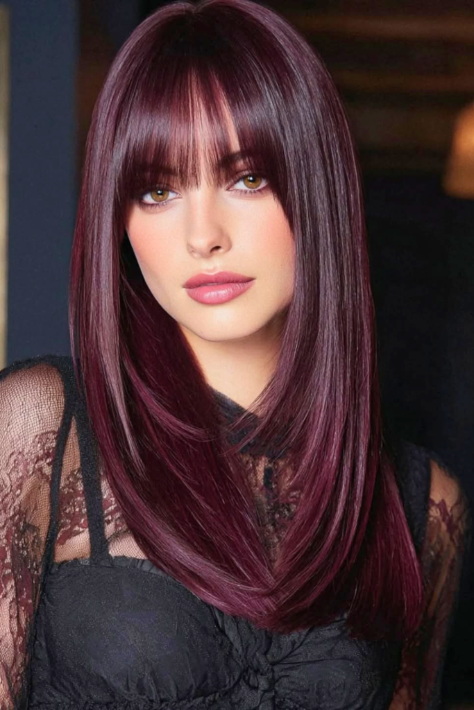 Deep plum velvet hair color with rich purple shine