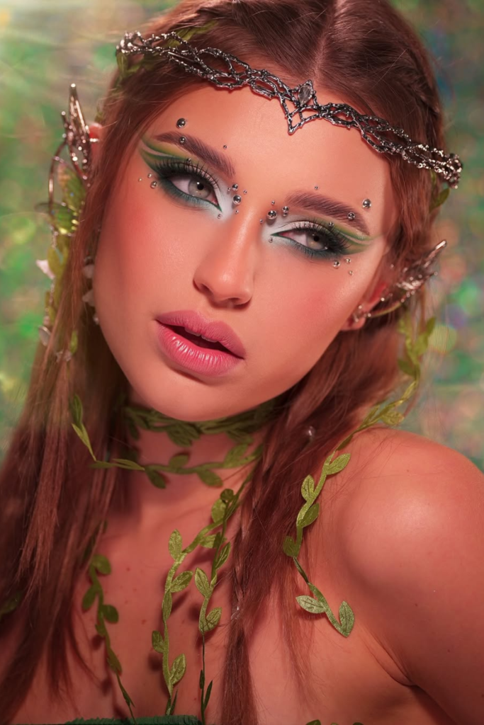 Fantasy elf makeup with earthy shimmer and soft freckles