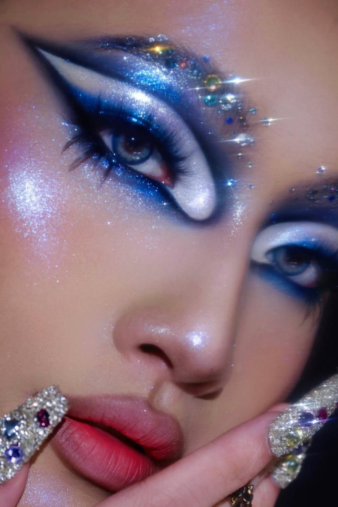 Frozen fantasy glam with icy blue shimmer and crystal accents