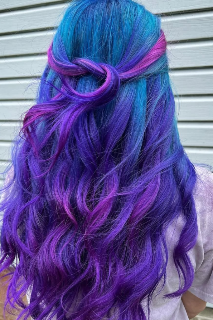 Galaxy purple and blue bold hair color blend