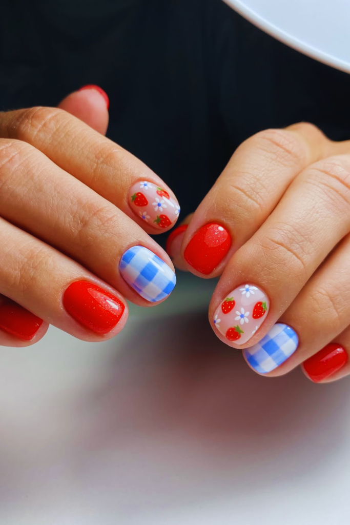 Gingham Americana nails with trendy red white blue patterns