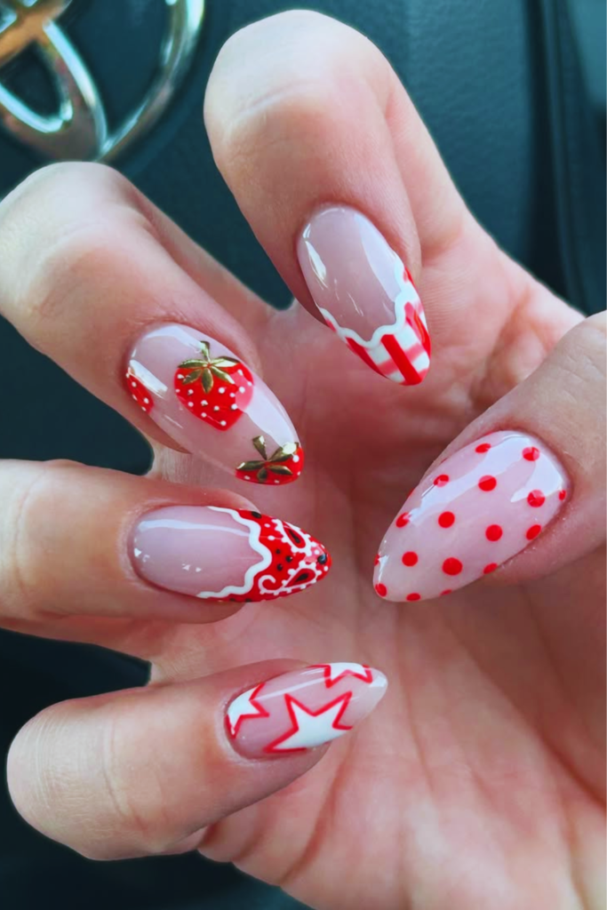 Glossy almond patriotic nails with classy summer manicure style