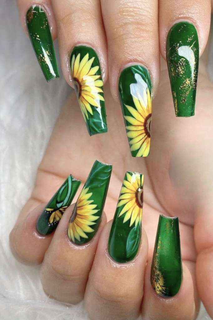 green leaf and sunflower nail design natural floral style