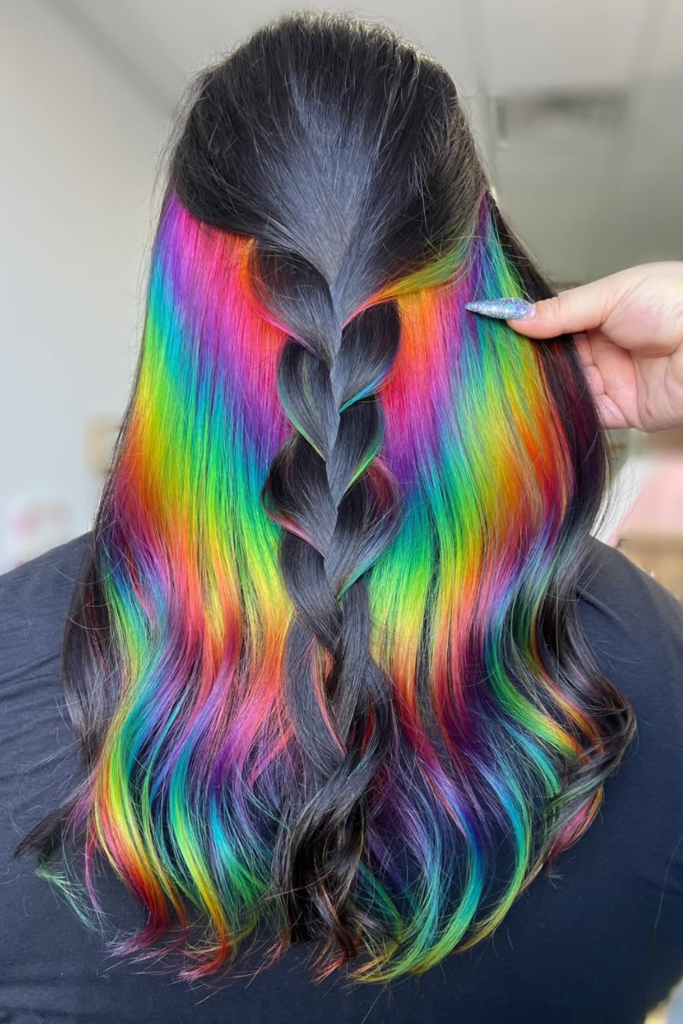 Hidden rainbow underlayer hair color idea