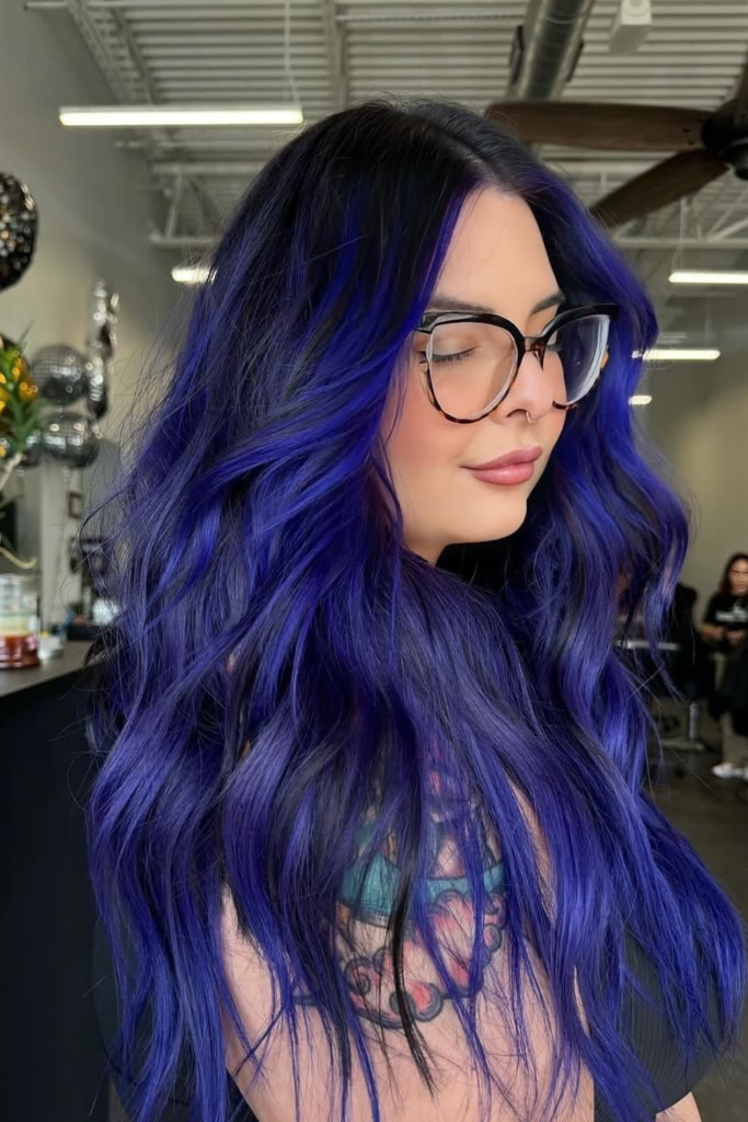 Indigo balayage bold hair color for dark hair