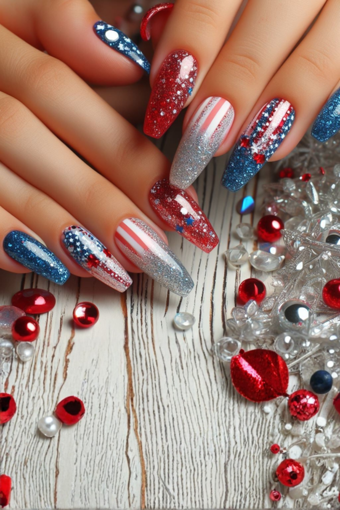 Jelly red white and blue nails with glossy translucent finish
