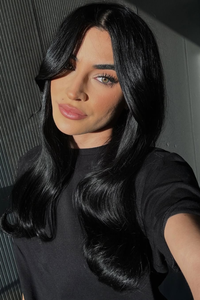 Jet black glass hair with ultra sleek high shine finish