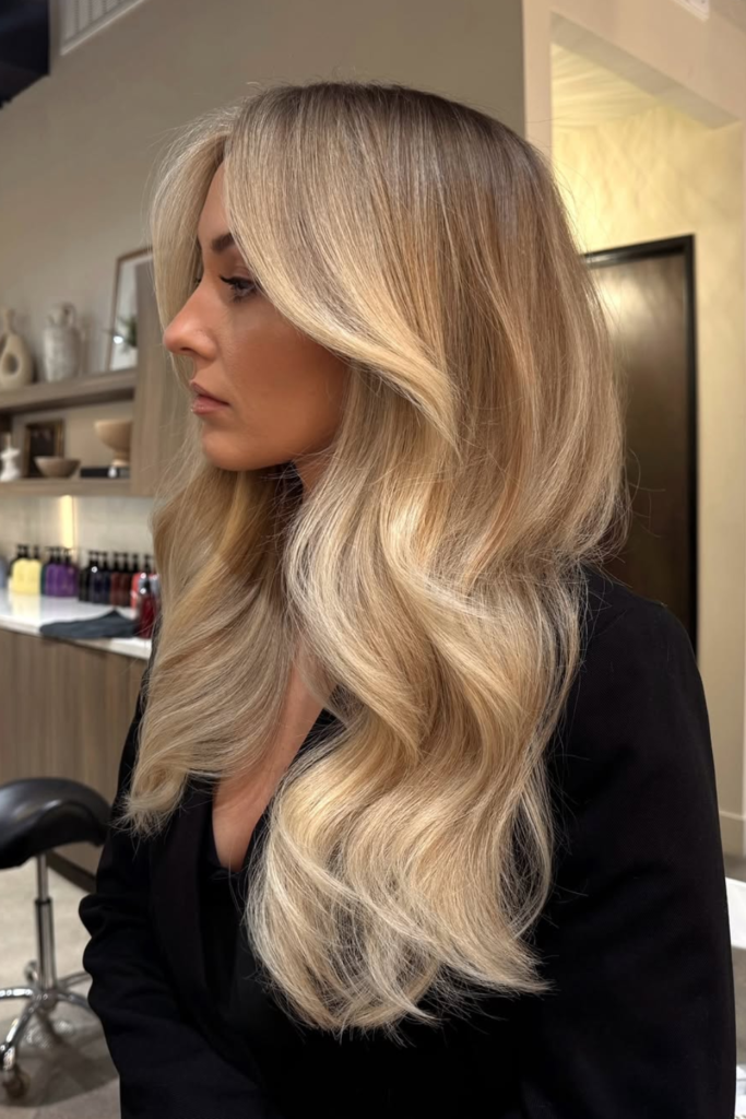 Lived-in blonde ombre wig with rooted soft glam color