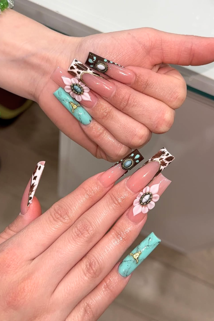 Long western acrylic nails with chrome details