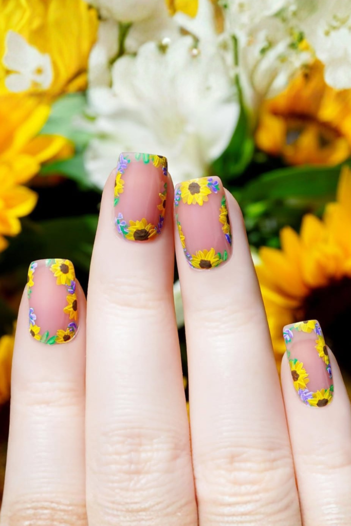 micro floral nail art with tiny yellow sunflower details