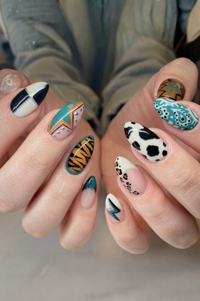Mixed western glam nails with stars and chrome
