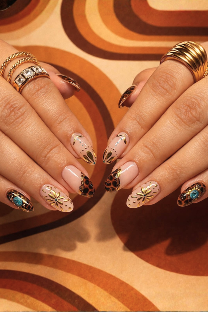 Nashville glam nails with chrome and rhinestones