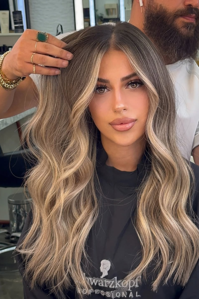 Natural beige balayage with blended highlights