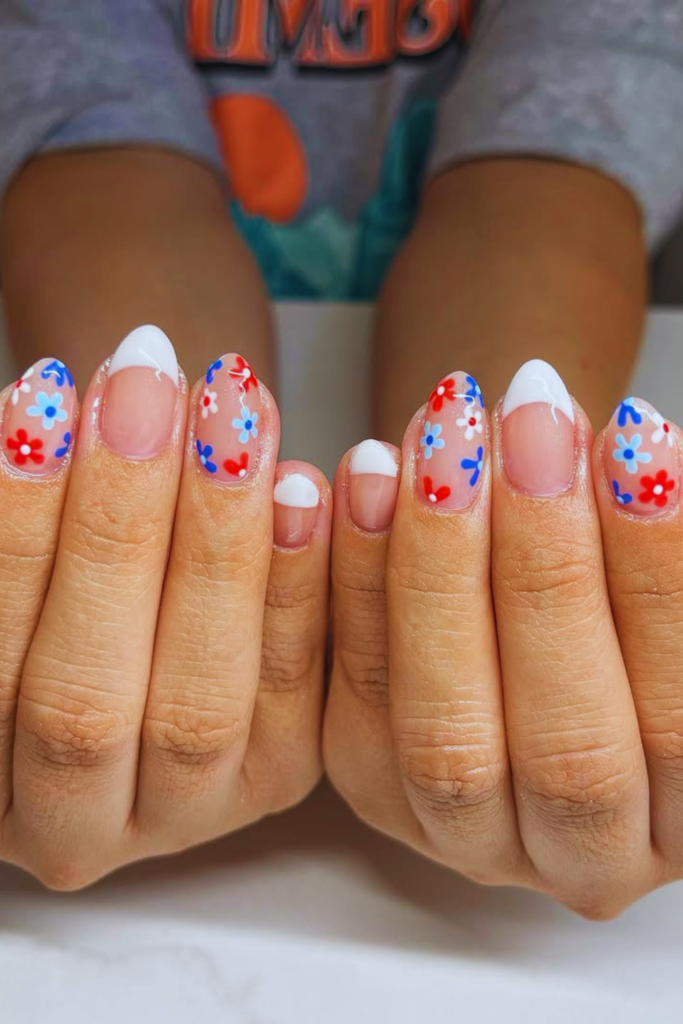 Natural patriotic nails with glossy nude summer manicure finish