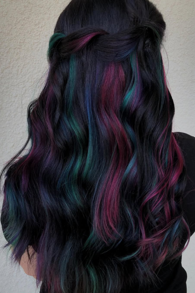 Oil slick dark hair color with multitone shine