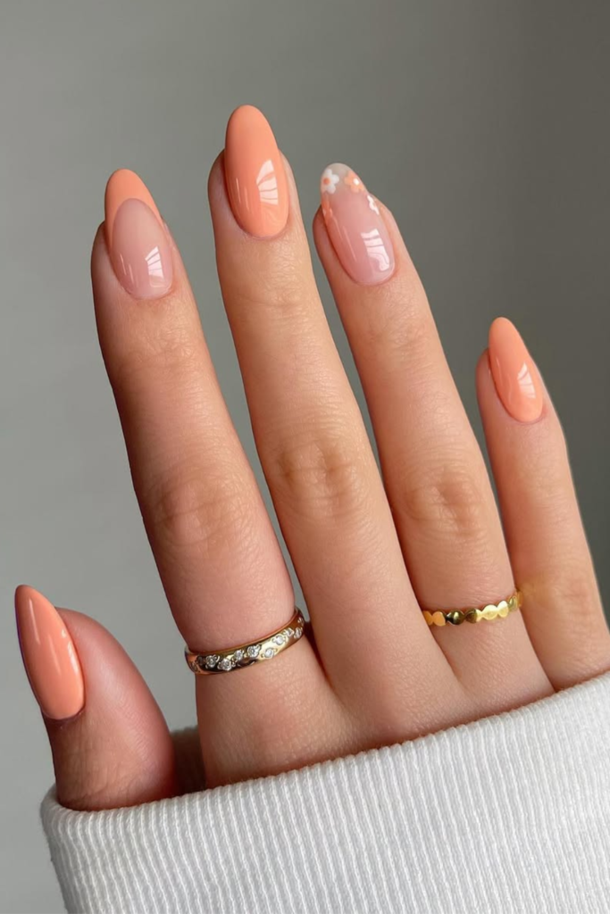 Peach champagne manicure with glossy finish