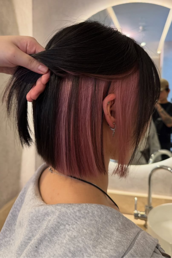 Plum noir hidden hair color on dark brunette hair