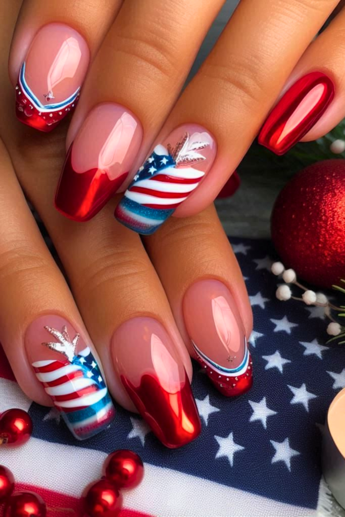 Red chrome almond nails with glossy patriotic manicure finish