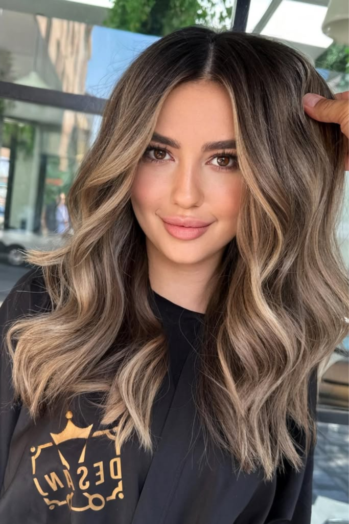 Rich brunette balayage wig with soft glam waves