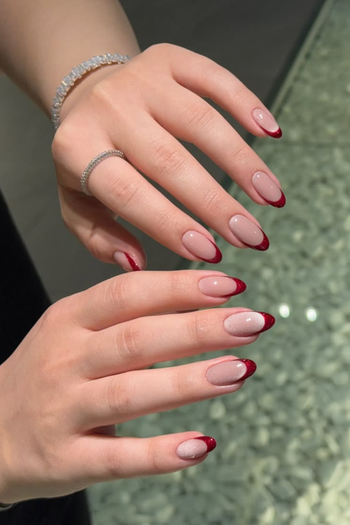 Rosy nude manicure with elegant white tips