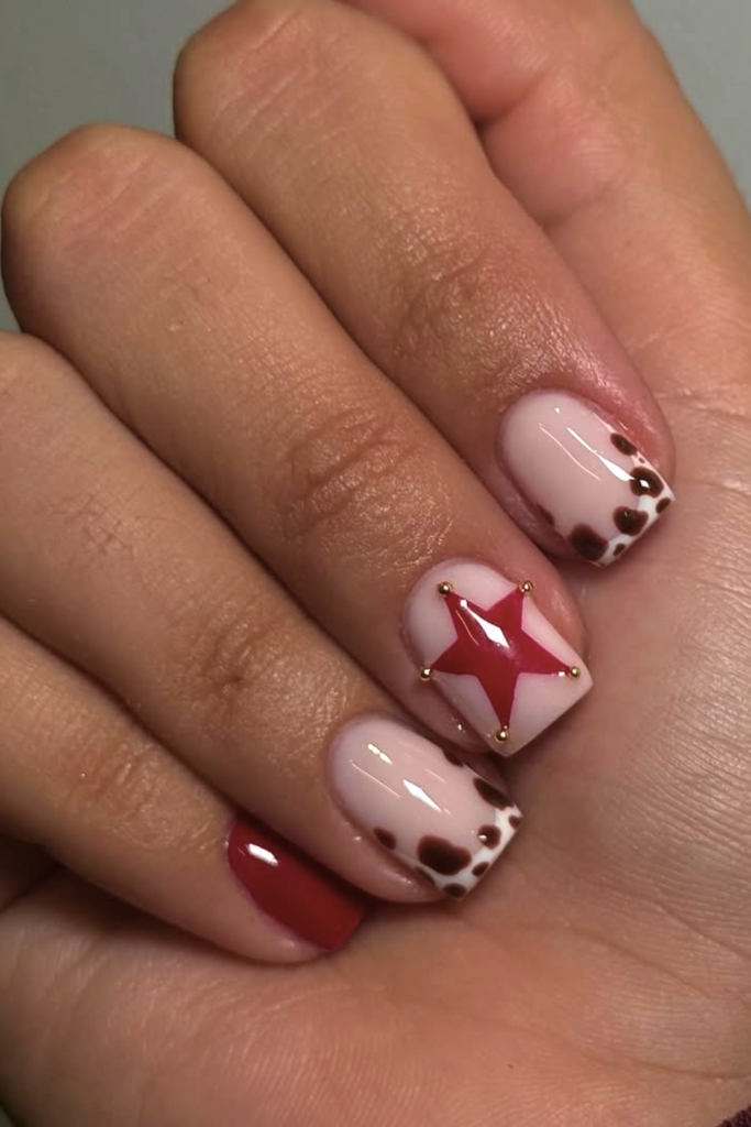 Short glossy western nails in nude brown shades