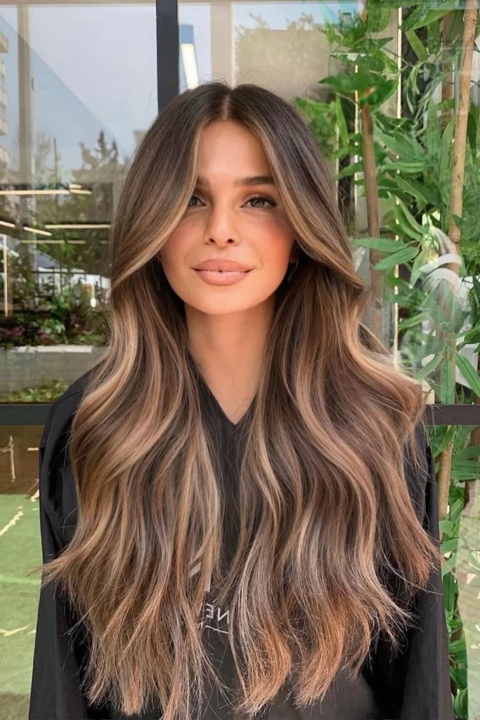 Soft chocolate balayage on long brunette hair