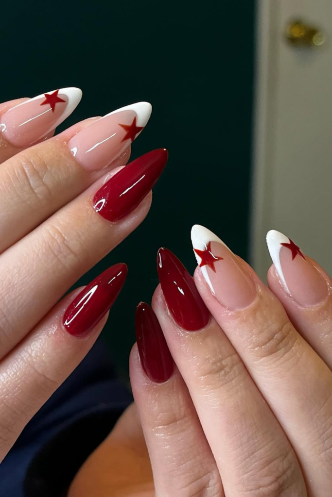 Soft red gloss almond nails with elegant summer nail inspo