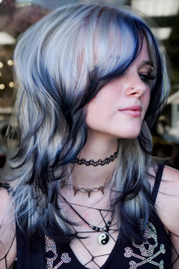 Split dye black and platinum bold hair color idea