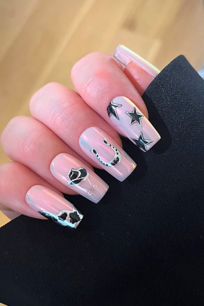 Square western glam nails with brown tips