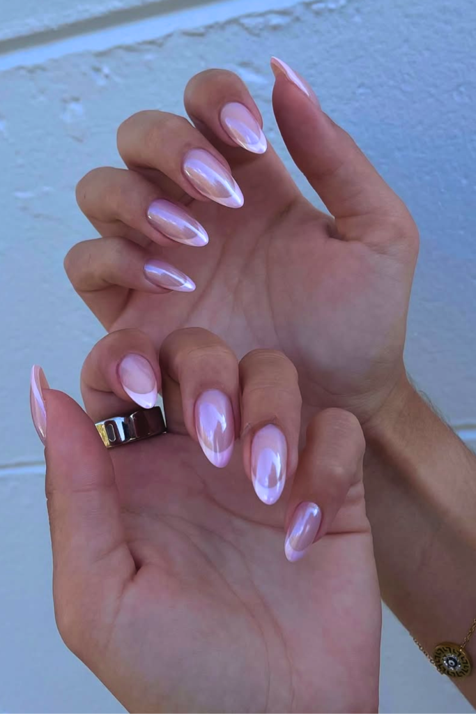 Strawberry milk manicure with glossy pink tones