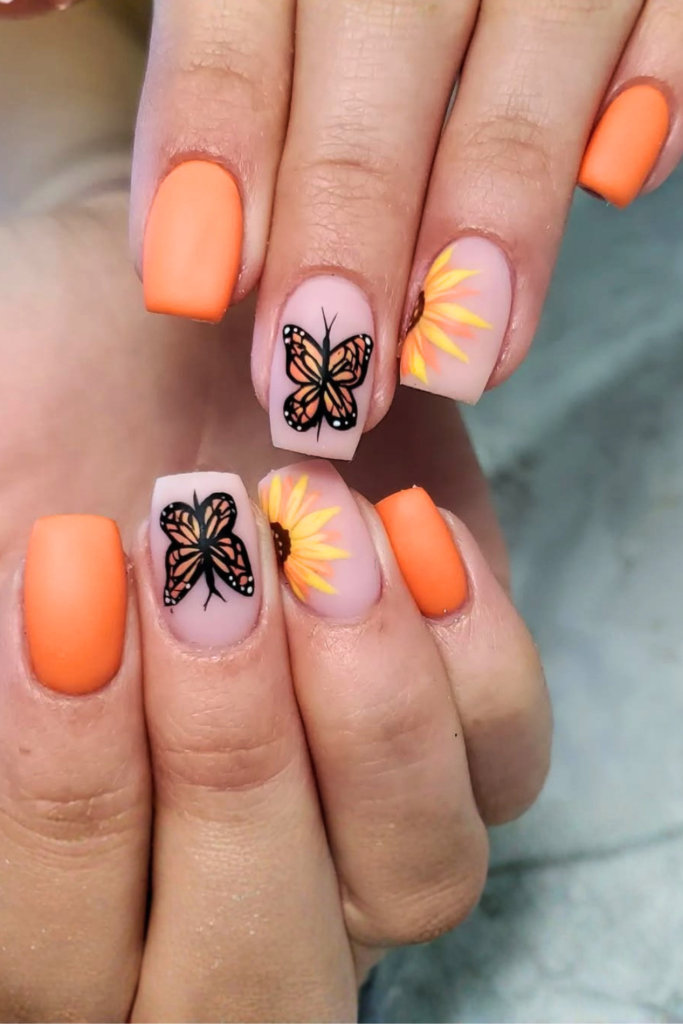 butterfly and sunflower nail design soft feminine style