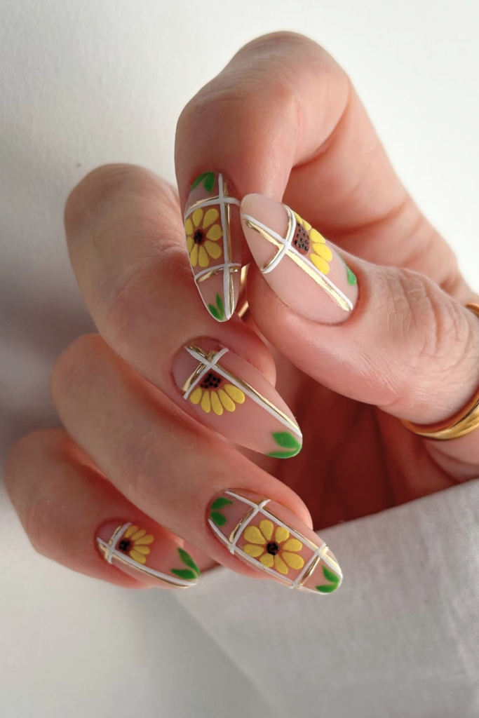 chrome nails with sunflower accents glossy reflective summer look