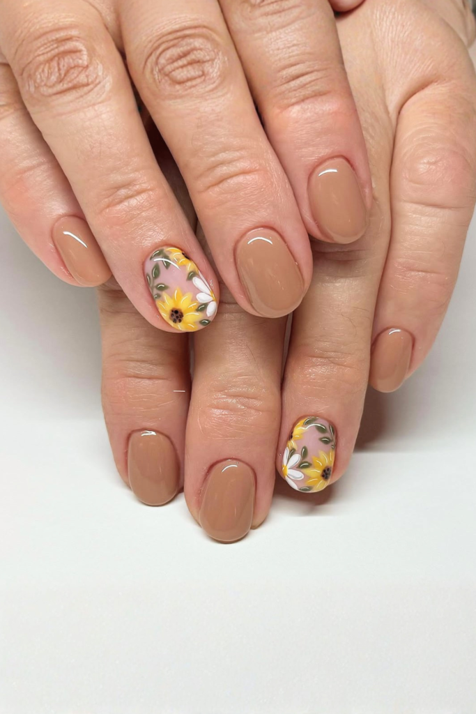 mixed daisy and sunflower nail art layered floral design