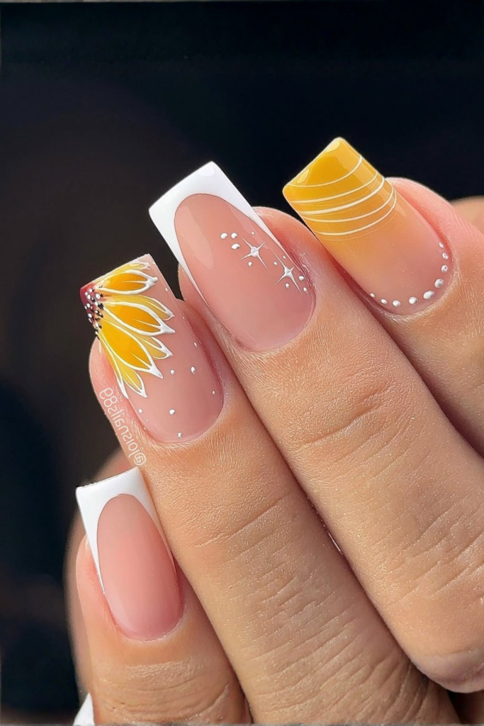 french tip nails with sunflower details classy summer nail style