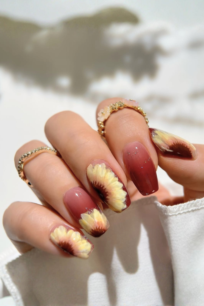 jelly nails with sunflower art translucent glossy finish