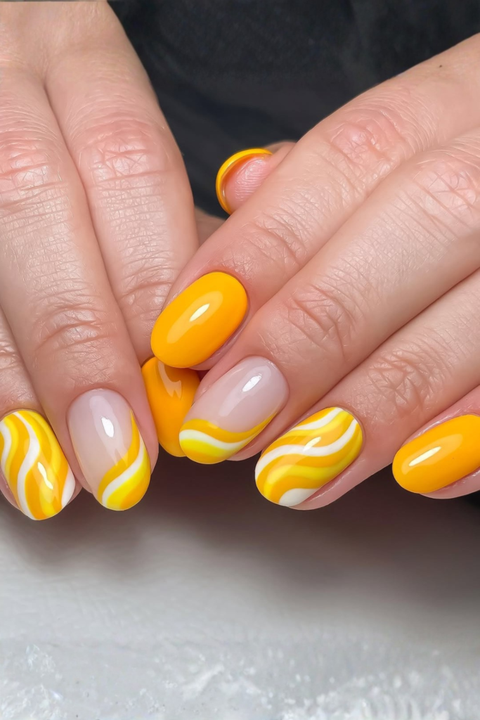 abstract swirl nails with sunflower details creative design