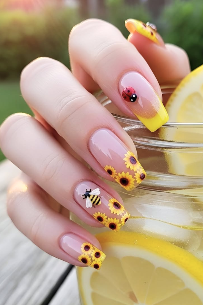 sunflower nails with bee design cute detailed summer look
