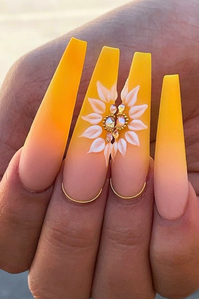 sunflower nail art with rhinestones subtle sparkle detail