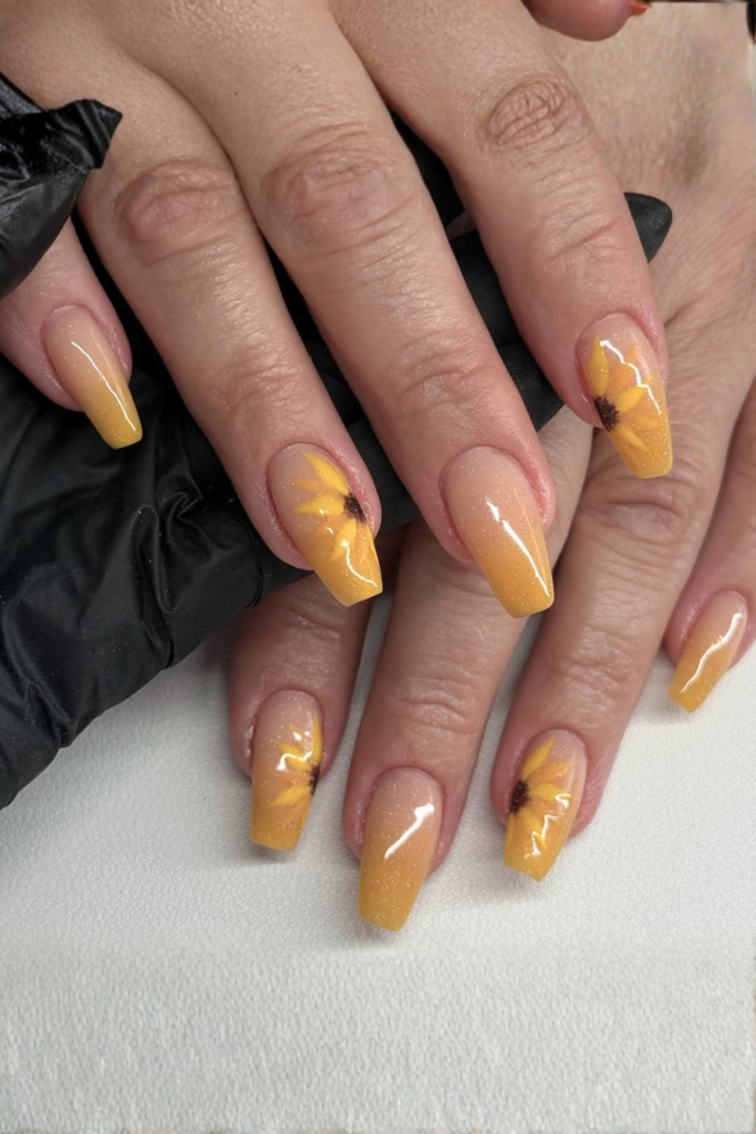 ombre nails with sunflower accents soft gradient floral look