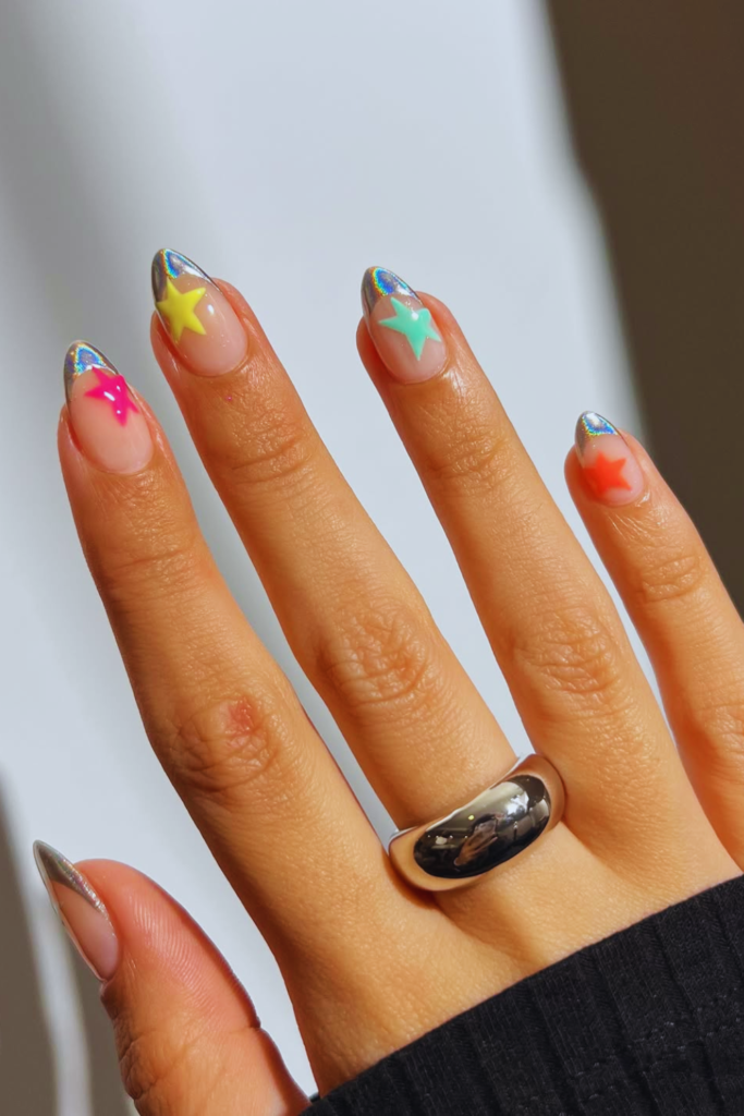 Thin French tip July nails with soft patriotic colors