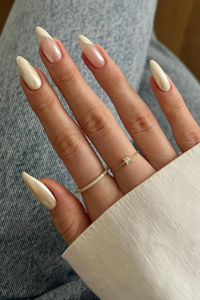 Vanilla chrome nails with glossy nude base