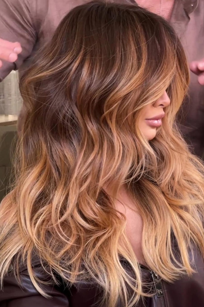 Warm caramel balayage wig with glossy brunette movement