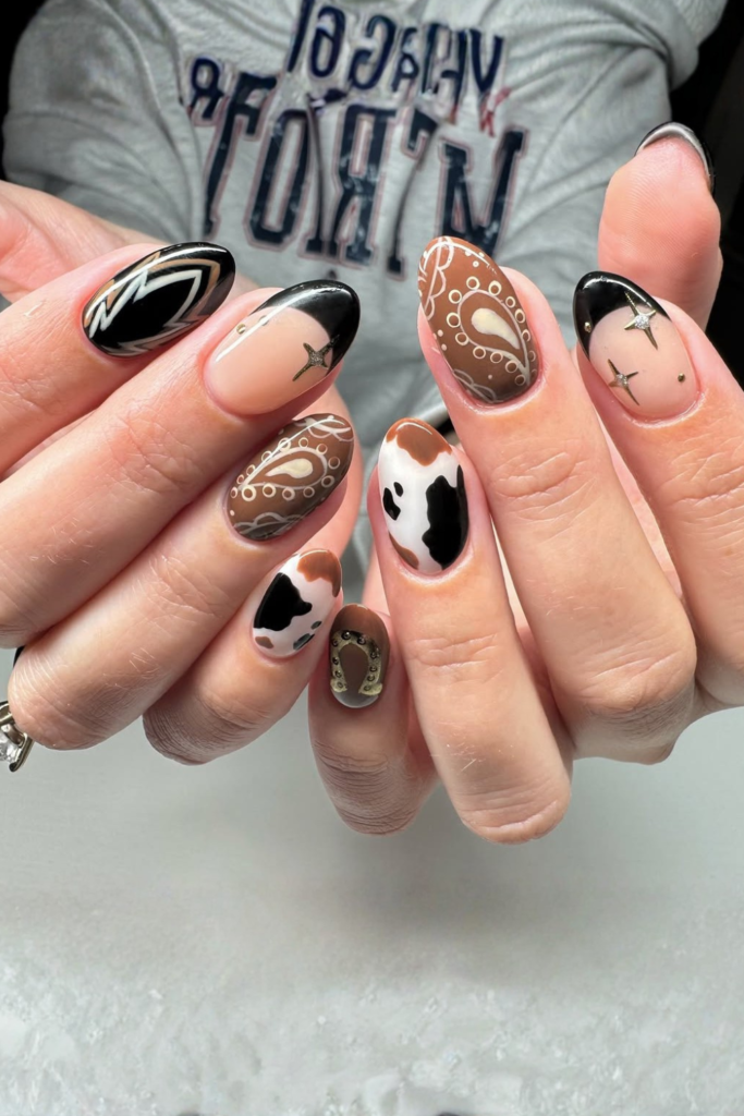 Western French tip nails with brown accents