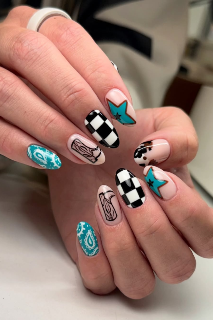 Western star nail art with nude polish